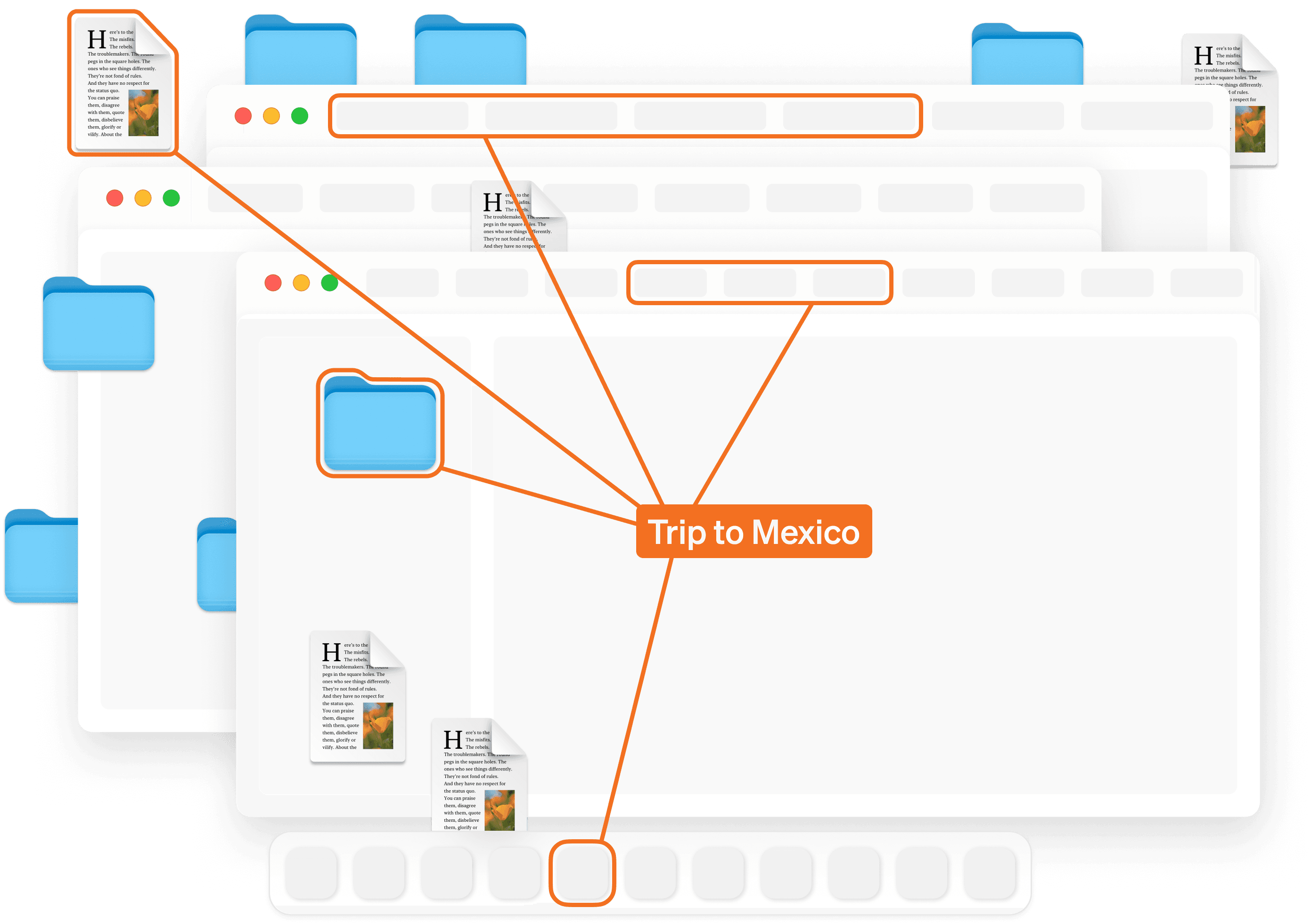 Desktop with orange lines showing relationships between files and content